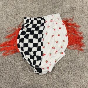 Checkered and Cherry Print Shorts with Fringe
